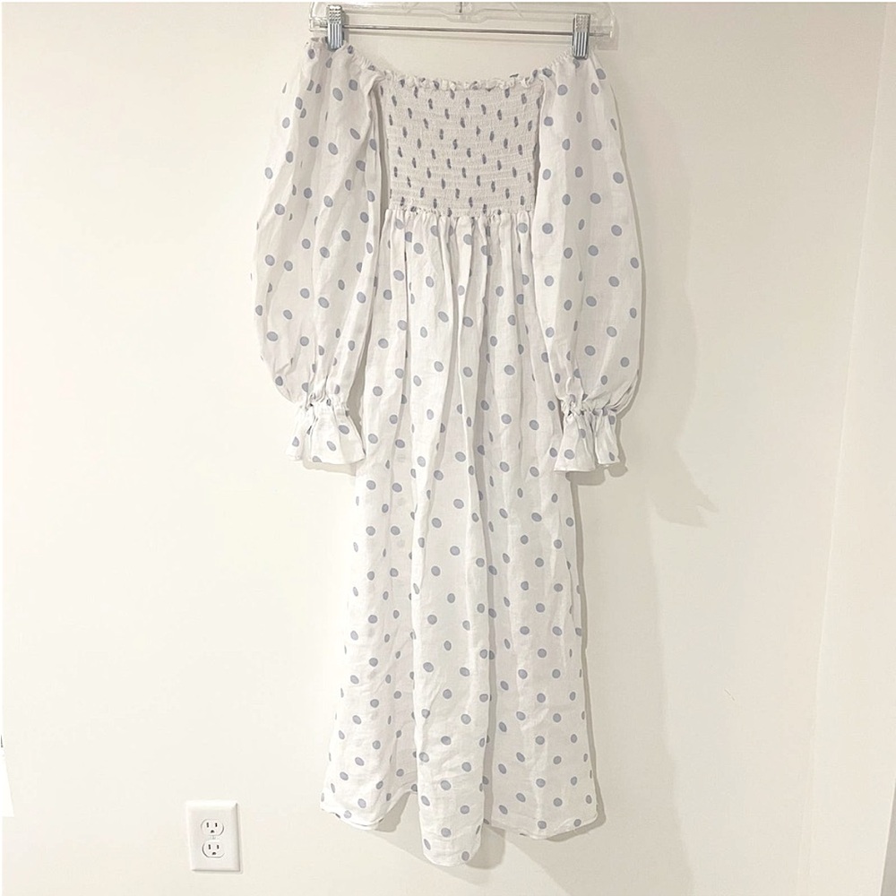 Petal & Pup Linen Smocked Off Shoulder
Polka Dot Midi Dress White Blue 2
